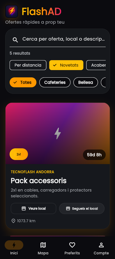 Pantalla inicial de FlashAD amb ofertes i categories