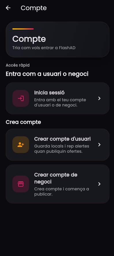 Pantalla de compte amb opció de crear compte de negoci