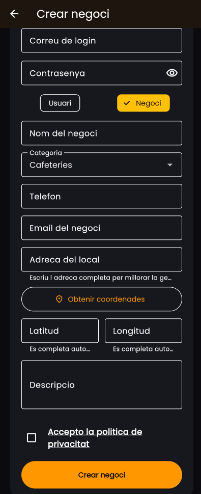 Formulari per crear el compte de negoci i omplir les dades del local