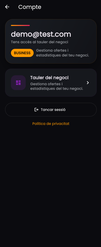 Pantalla del compte de negoci amb accés al taulell