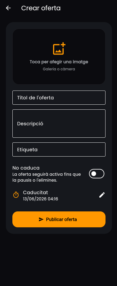 Pantalla per crear i publicar una oferta nova
