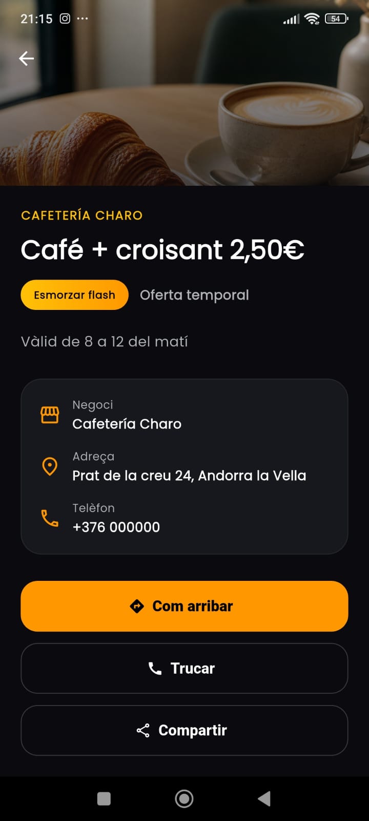 Pantalla de finalització amb una oferta publicada i accions de com arribar, trucar i compartir